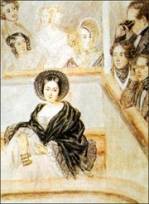 watercolour of Marie Duplessis at the theatre, by Camille Roqueplan
